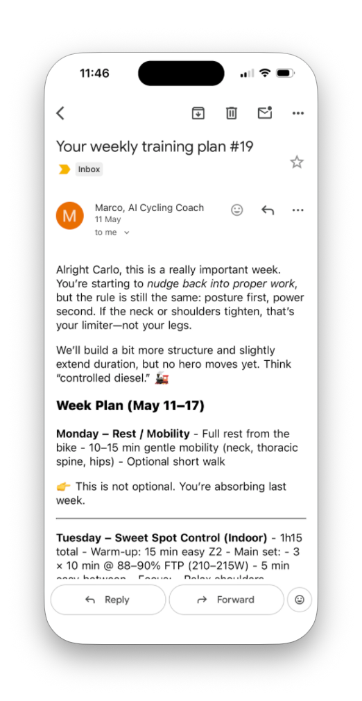 Weekly training plan email